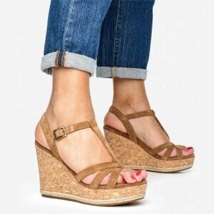 UGG Melissa Suede Chestnut Cork Wedge Strappy Sandal Heel Size 11